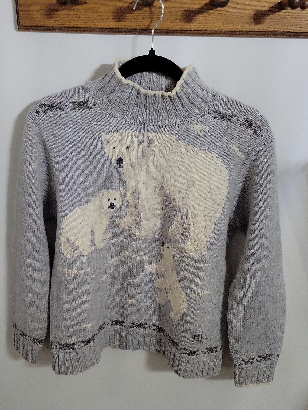 Vintage Lauren Ralph Lauren Gray Polar Bear Knit Wool Mock Neck Sweater, Size SP